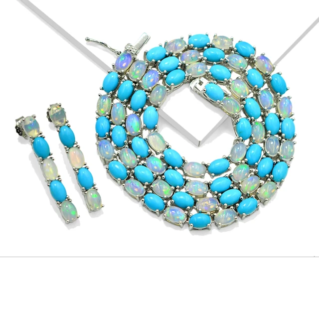 Top Quality Natural Opal Turquoise 6x4 MM 925 Sterling Silver Tennis Style Jewelry Necklace Earring Set Manufacturer From India