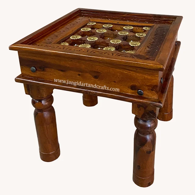 Living Room Brass Fitted Furniture Wood Coffee Table Antique Vintage Center Table with Solid Wood Leg Indian Furniture Exporter
