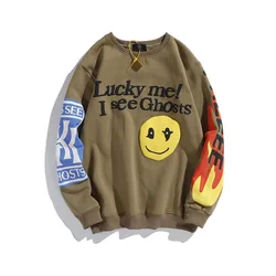 Kanye Kanye Men and Womens Hip Hop Foaming Smiley Face Graffiti Print Crew Neck Sweater for Couples