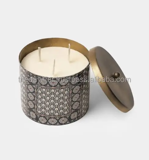 Customizable Unique Design Metal Capper Hammered Textured Decorative Wax Votive With Flower Design On Lid, Metal Jar For Wax