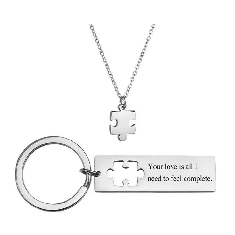 2Pcs/Set Hollow Star Moon Pendant Key Chains Necklace Engraved Stainless Steel Necklace Keychain For Couple