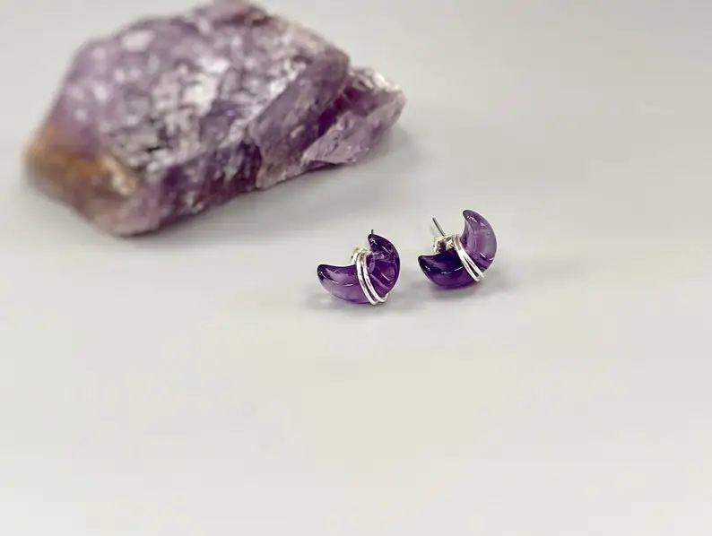 Crescent Moon Amethyst Stud Earrings Silver 14k Gold Plated Earrings Modern Handmade Minimalist Jewelry Dainty Gift For Someone