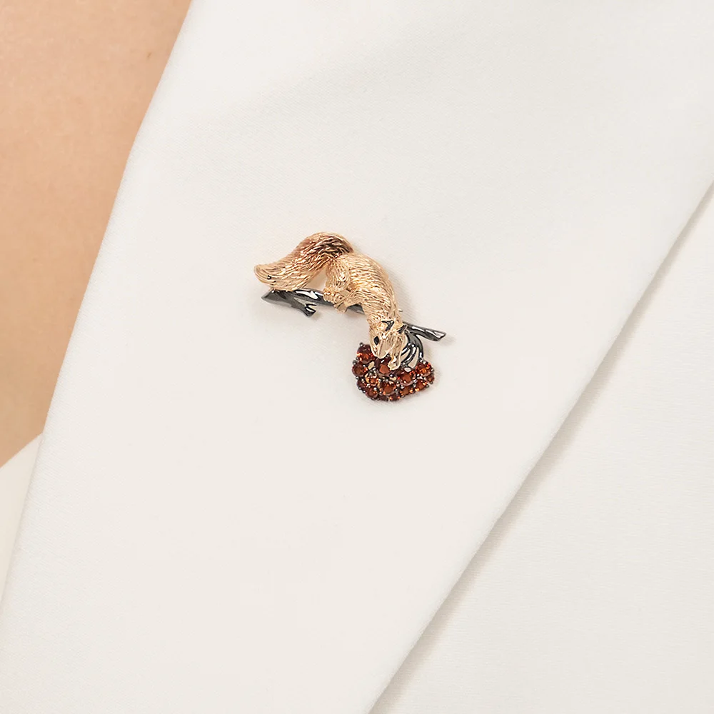 Exclusive Combined 14 K solid Rose White gold Squirrel brooch garnets enamel