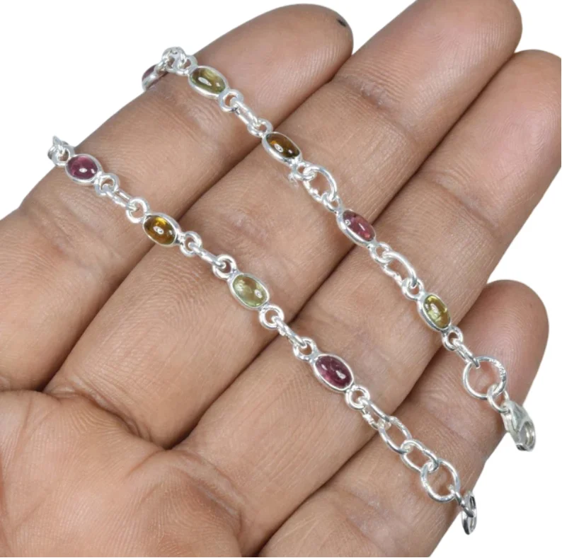 Handmade 925 Sterling Silver Bracelet with Tourmaline Gemstone Pearl Jewelry Charm for Her Luxury Gold Gift for Women