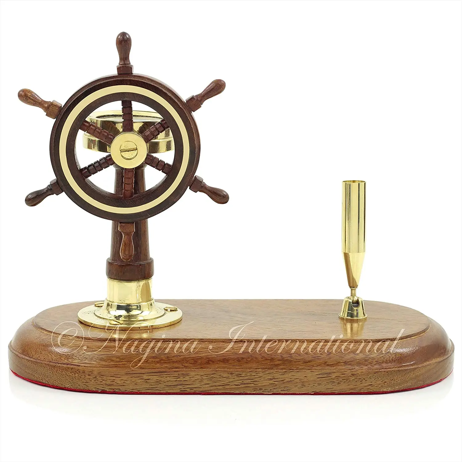 Exclusive Collection of Wooden & Brass Pen Holder with Time Clock Table Desk Pen Holder with Shiny Polish Pen Holder