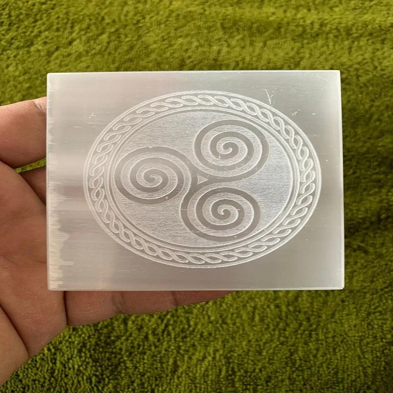 Natural Crystal selenite charging plate with moon symbol:moon symbol engraved plate:selenite:selenite slabs moon:crystal healing