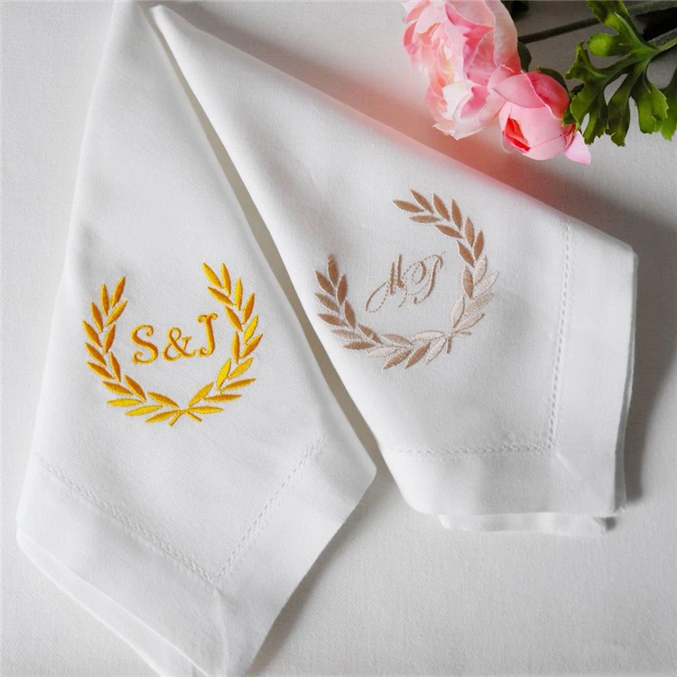 white cloth linen napkins embroidered Wholesale 100% Polyester table custom logo Wedding Restaurant Party  hemstitched napkin