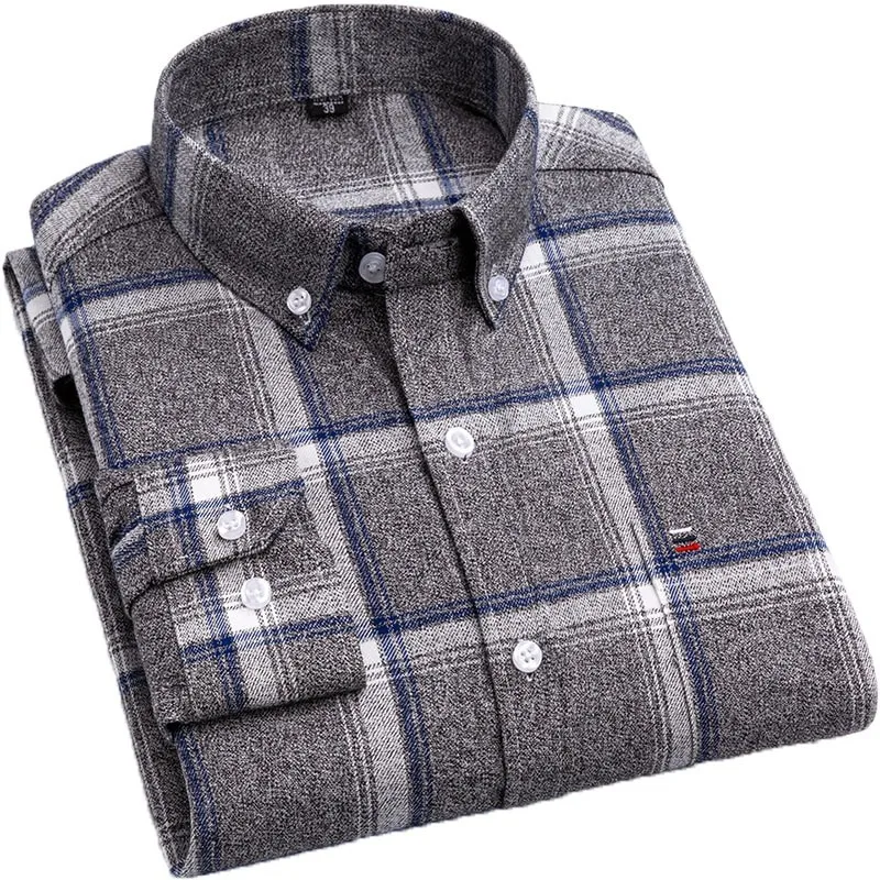 Brand 100%Cotton Checkered Casual shirts for Men Warm Long Sleeve Plaid Shirt Winter soft Striped Male comfortable shirt