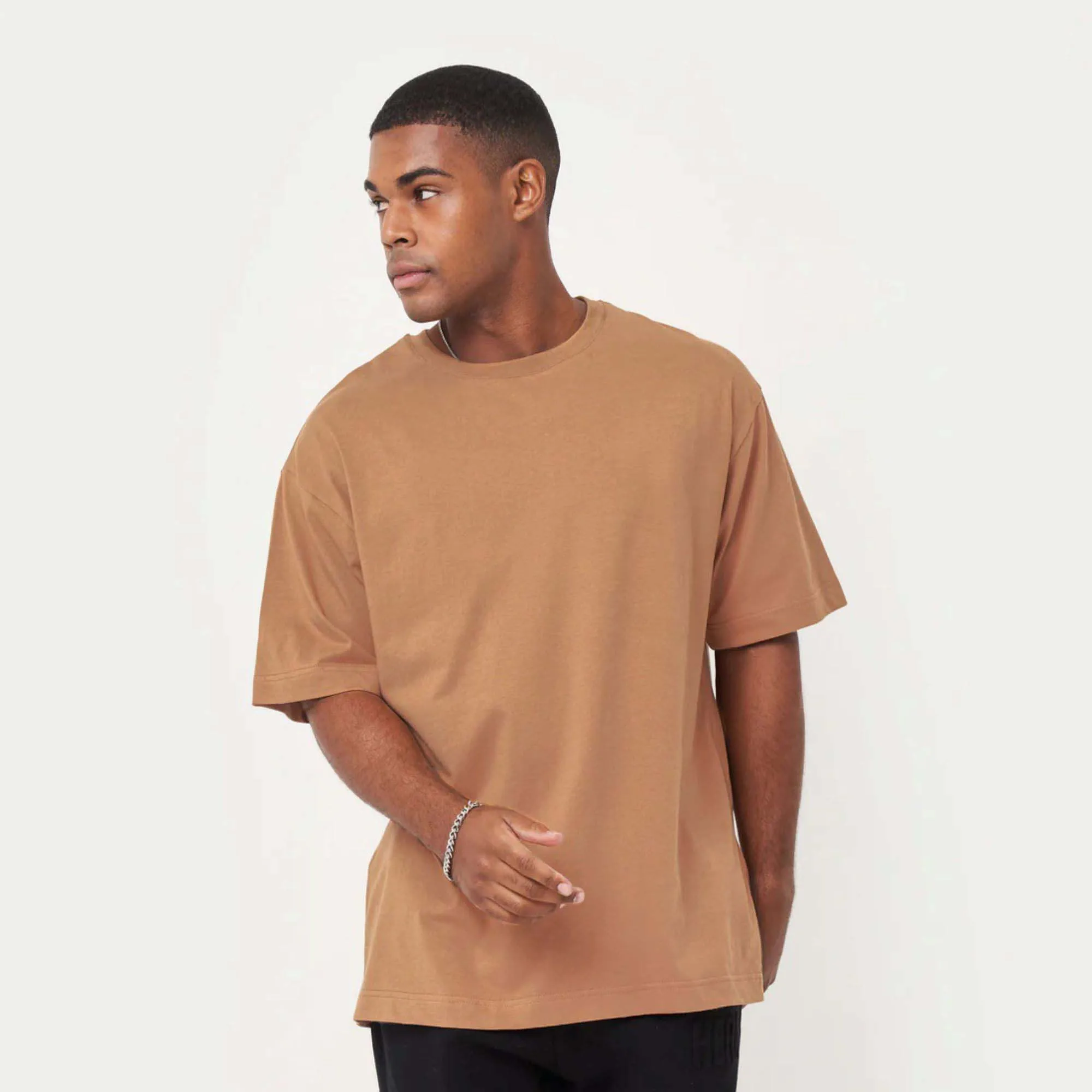 100% Cotton Jersey Medium Weight Short Sleeves Ribbed Neck Mustard Brown Men Classic Oversized T-Shirt