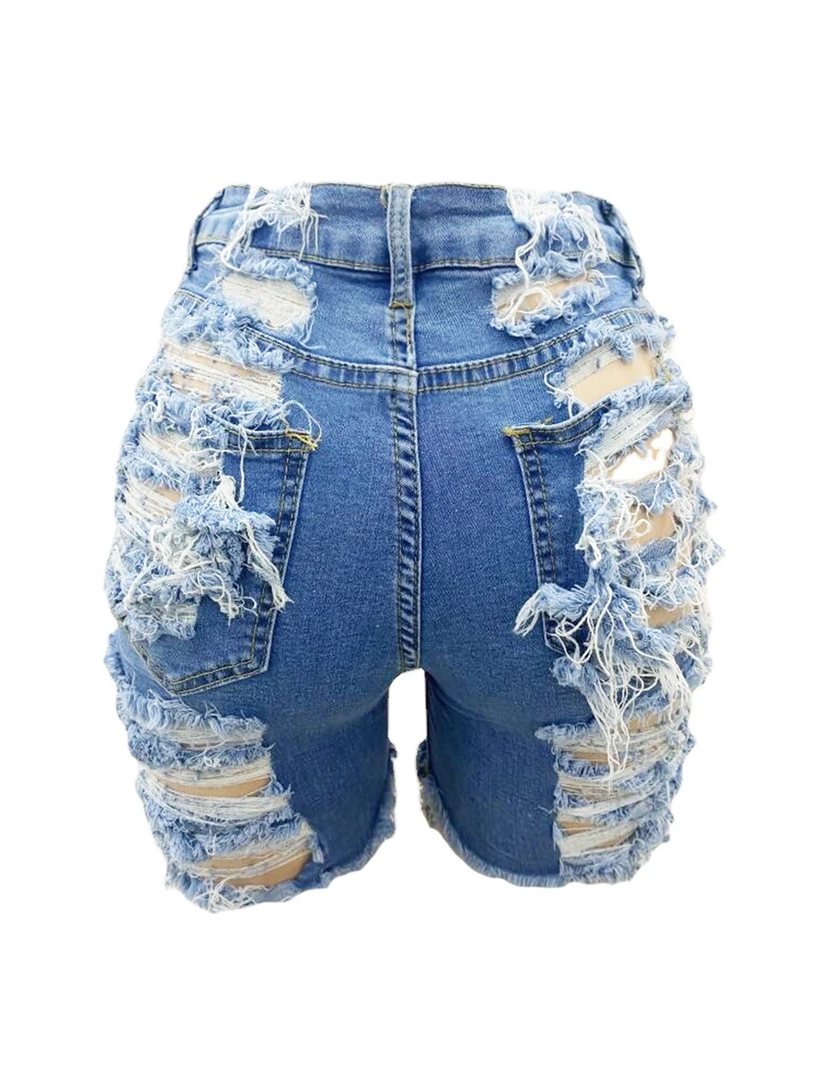 2023 New Summer Hot Hole Women Denim Shorts Bale Pockets Frayed Raw Ripped Denim Cotton High Elasticity Short Jeans For Women