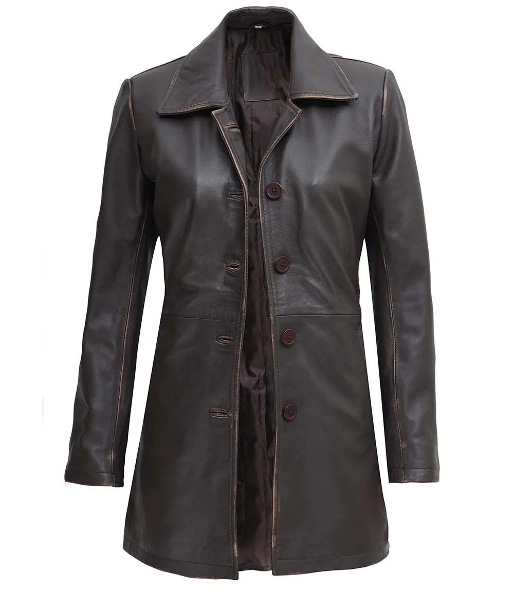 Winchester темное коричневое женское кожаное пальто из потертой кожи полностью под заказ с широким воротником шерпы и двумя внешними карманами на пуговицах