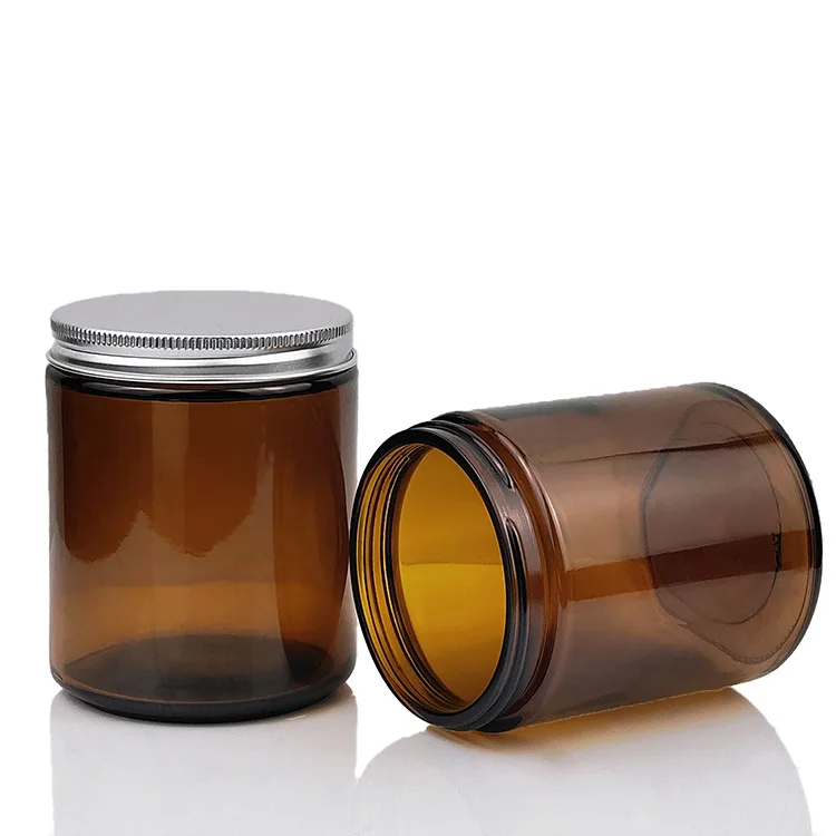 MIG Packaging Empty Recycled 8oz 250ml Wide Mouth Amber Glass Candle Jar with Screw Aluminum Metal Gold cap Lid