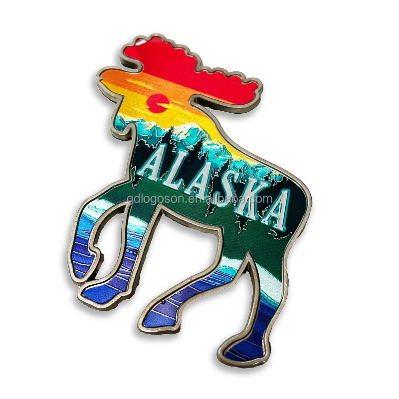 Nice Colors Moose Elk Shape Metal Fridge Magnet with Foil Stickers Souvenir Alaska Tourist Fridge Magnets Custom