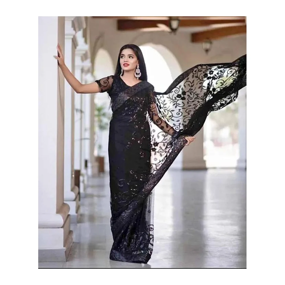 Pakistani Ethnic Wear Ladies Black Beautiful Sari For Girls High Quality  Fabric Custom Packing