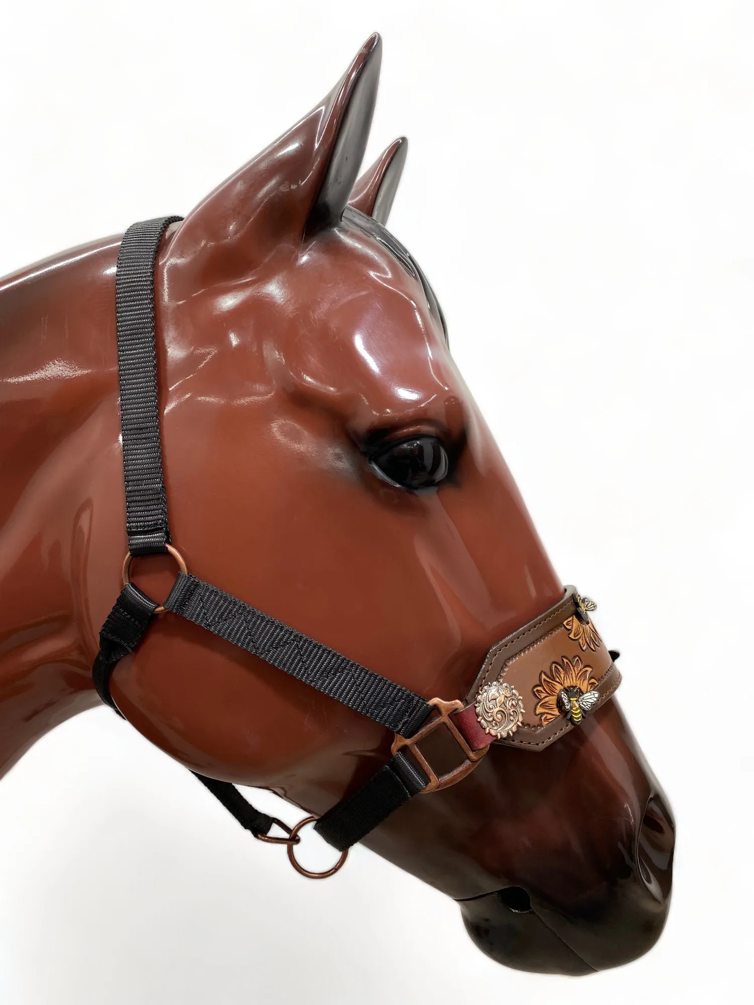 Best Selling OEM Sunflower Engraved Western Horse Bronc Halter Cow Leather Nylon Straps Indian Head Collar Bulk Manufactured