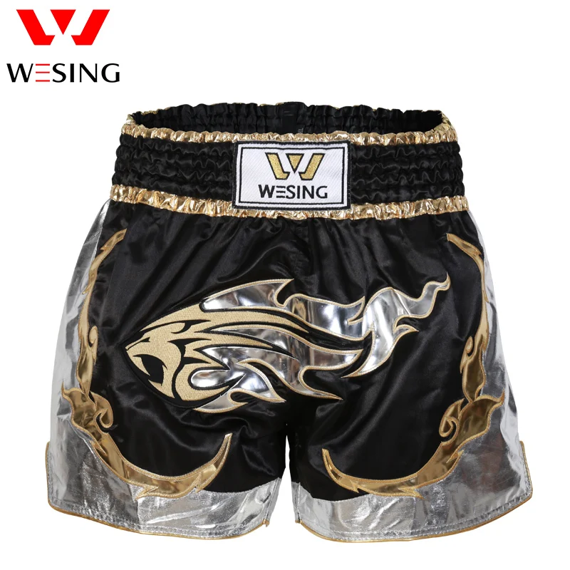 Wesing High Quality Embroidery Muay Thai Shorts Black Fabric Wholesale Muay Thai Boxing Shorts