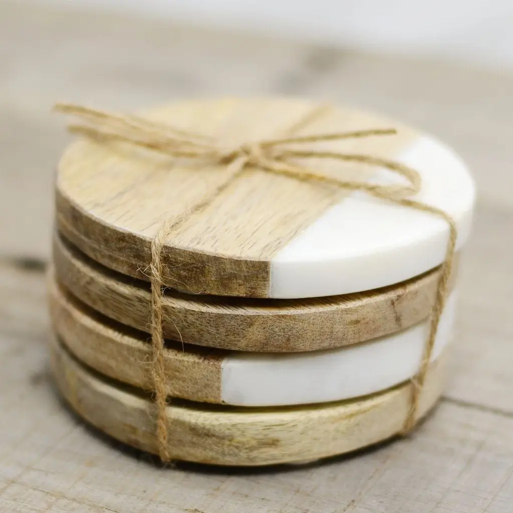 Wholesale Natural Round Square Hexagon White Marble Acacia Wood Coasters For Drinks coasters