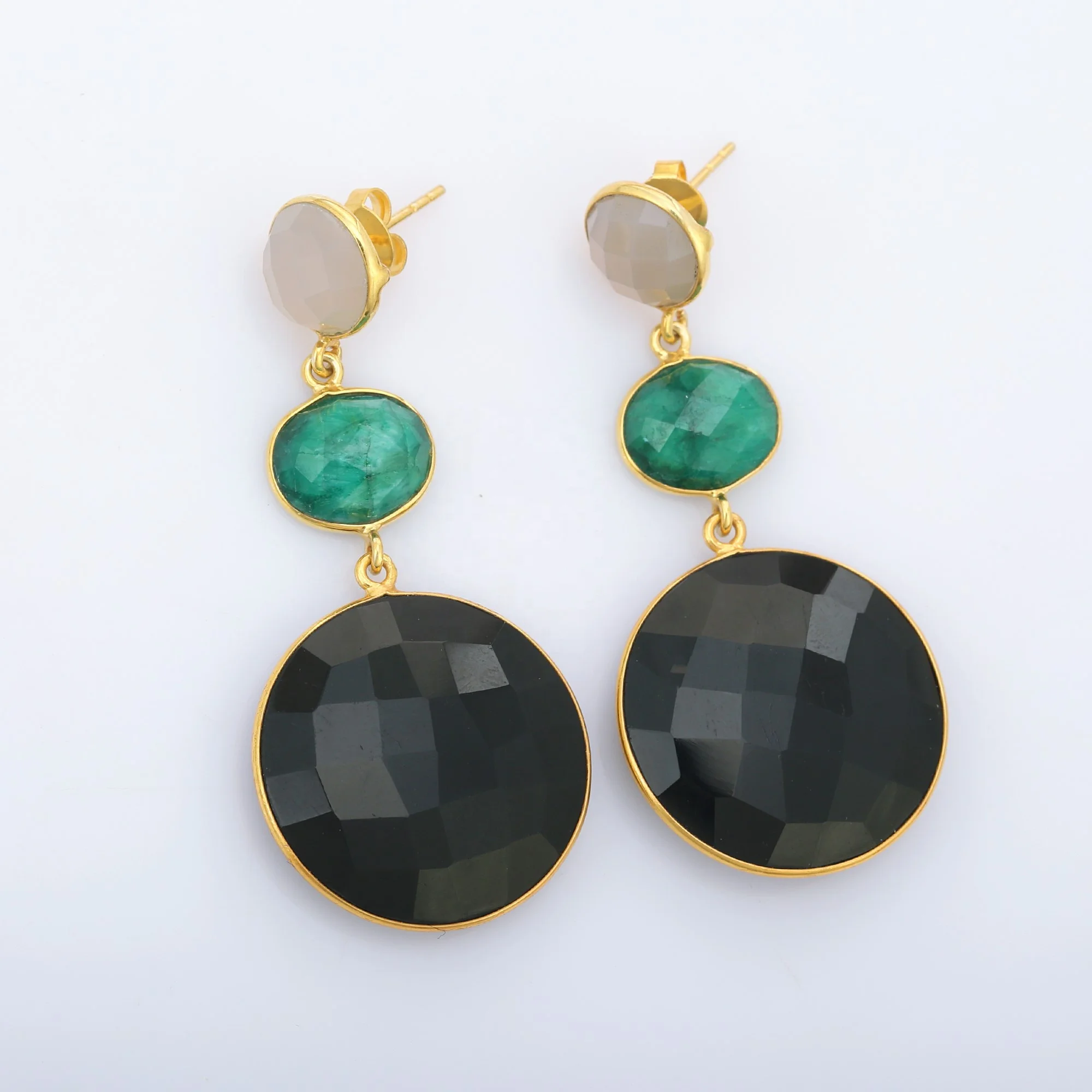 Natural Grey and Dyed Emerald and Beautiful Black Chalcedony Gemstone Long Earring Drop Earring for Women and Girls