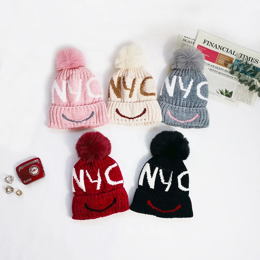 Kids Winter Chenille Knitted Skull Cap NYC Jacquard Letters Fashion Pom Pom Toque Boy Girls Soft Warm Cuffed Beanie Hats