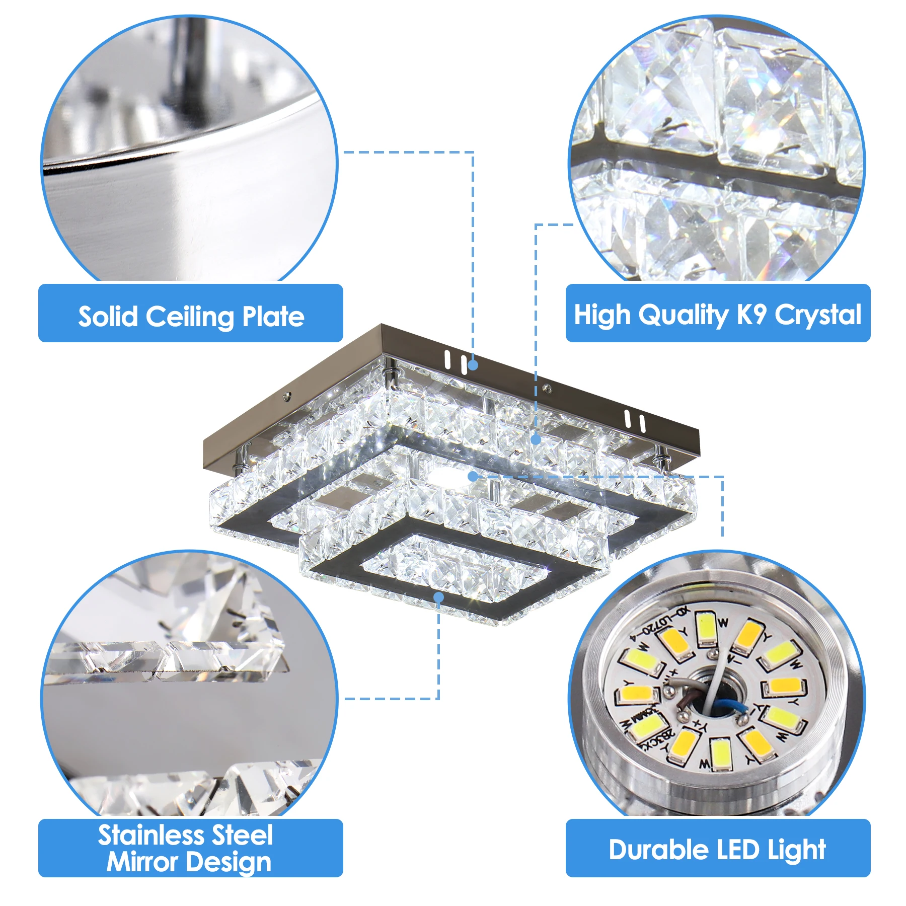 Dimmable Rectangular LED Crystal Ceiling Light  Double Layer Flush Mount Chandelier lamp Fixtures for Living Room Dining Room