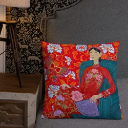 Unique 45x45cm Polyester Pillow Cover with Custom Red Ao Dai Asian Woman Design by Halinhthu Casa Design And Size 100% Polyester