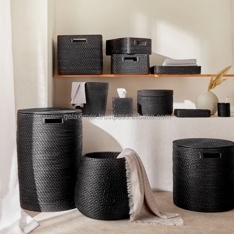 2023 Wholesale Bathroom accessories Black Rattan Storage Basket for Storage Baskets for food serving organization