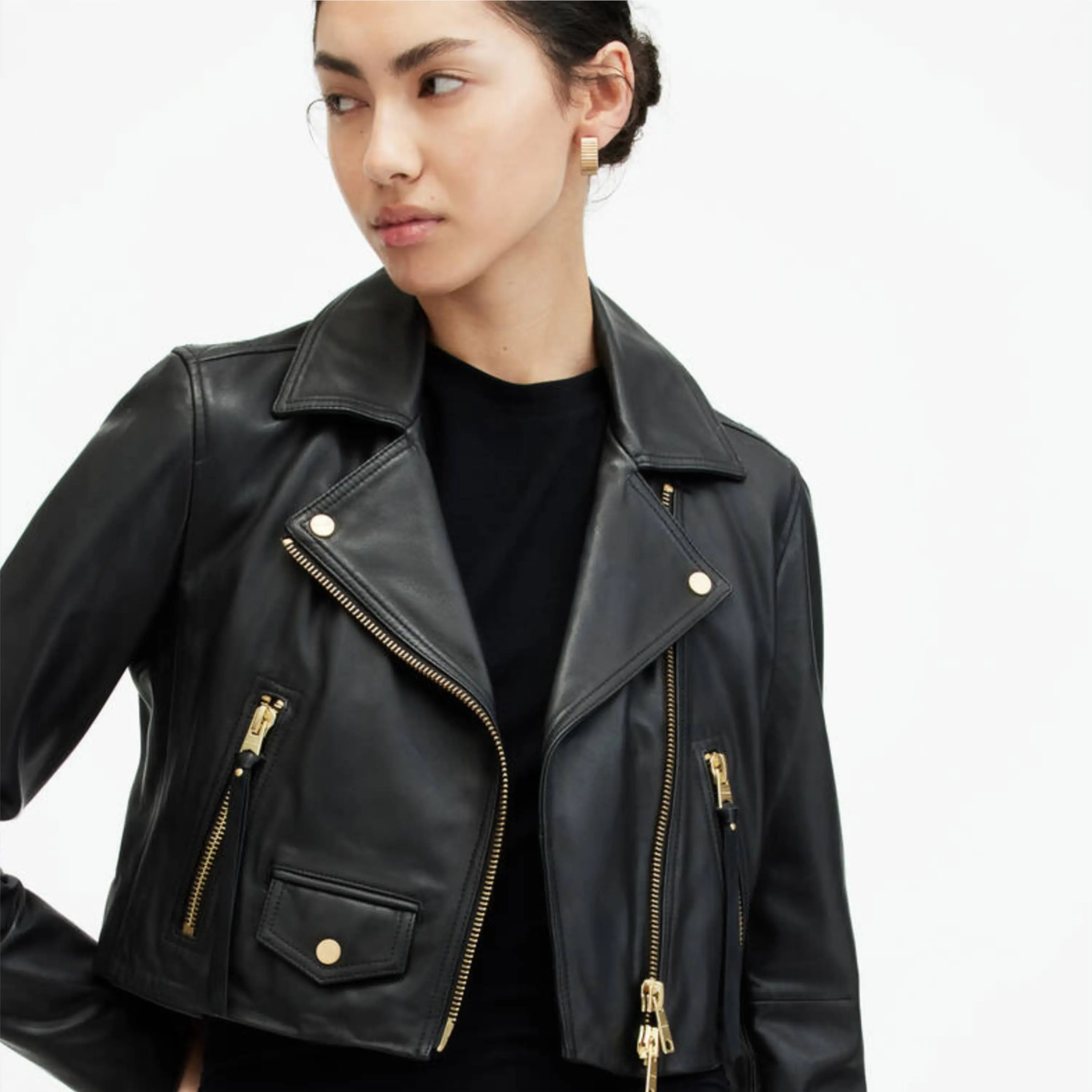 Real Leather Sheepskin Zipper Flashback Black Women Biker Jacket with Quilted Viscose Lining and Inside Outside Pockets