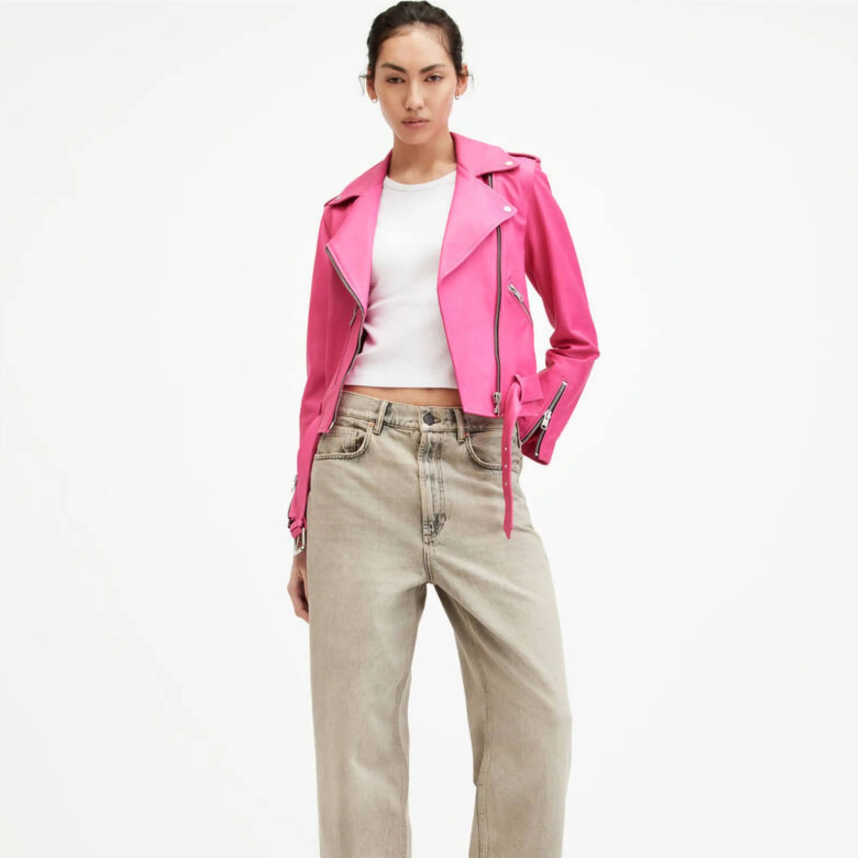 Real Leather Sheepskin Zipper Flashback Black Women Biker Jacket with Quilted Viscose Lining and Inside Outside Pockets