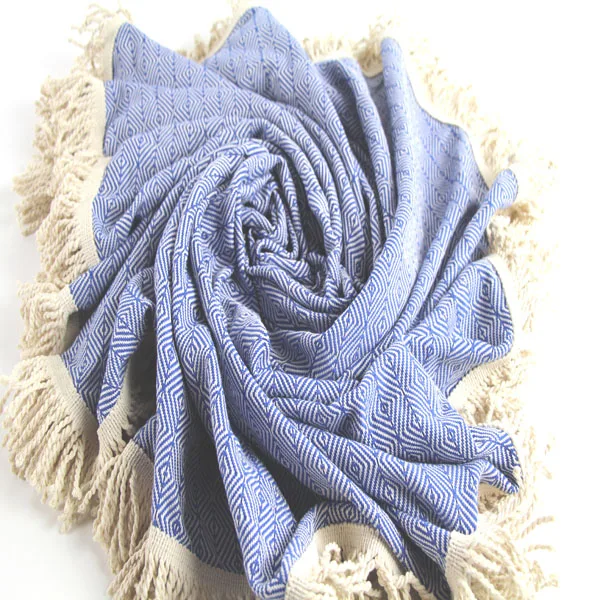 Turkish Producer  100% Cotton Diamond Blue Beach Picnic Towel Peshtemal Weave Hammam Bathrobe Spa Pool Massage Sauna Home Direct