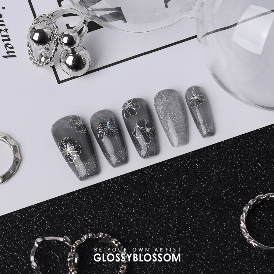 ShineB PARADISE WITH WIND nail stickers See-through White Flower Butterfly with Gold Hologram Line nail design Korea oem odm