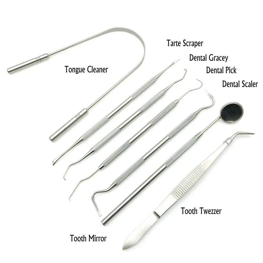 7 pcs set Dental Teeth Cleaning Tools Scraper Remover Tongue Cleaner Tooth Picks Tweezers Dental Gracey Scaler Mirror Kit
