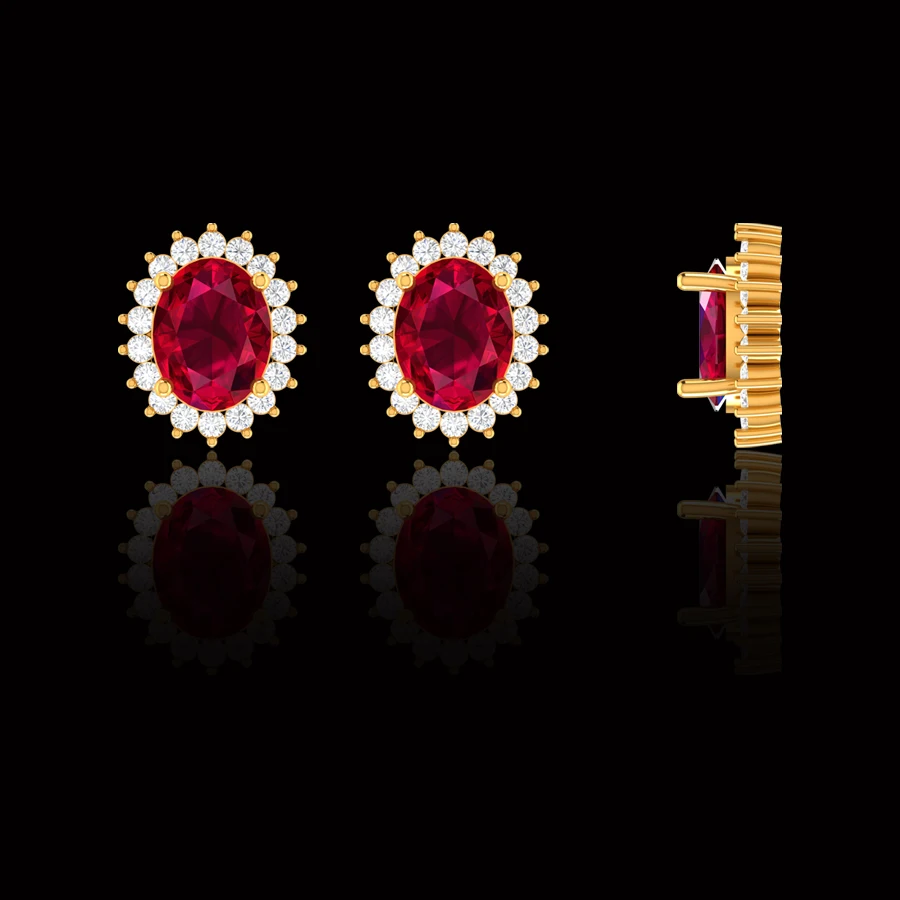 A beautiful pair of cushion cut Intense Red ruby earrings. 5 carats of Ruby 1.8 carats of white round brilliant cut diamonds