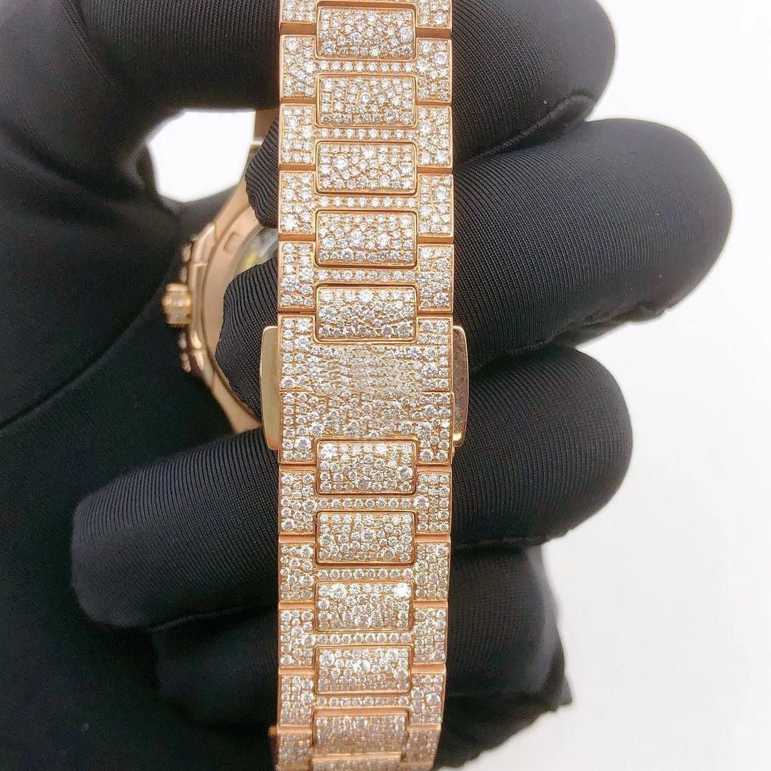 Yellow Gold Tone Watch Handmade Watch, Automatic Movement Watch For Men, Fully Iced Out Swiss ETA Diamond Wrist Watch