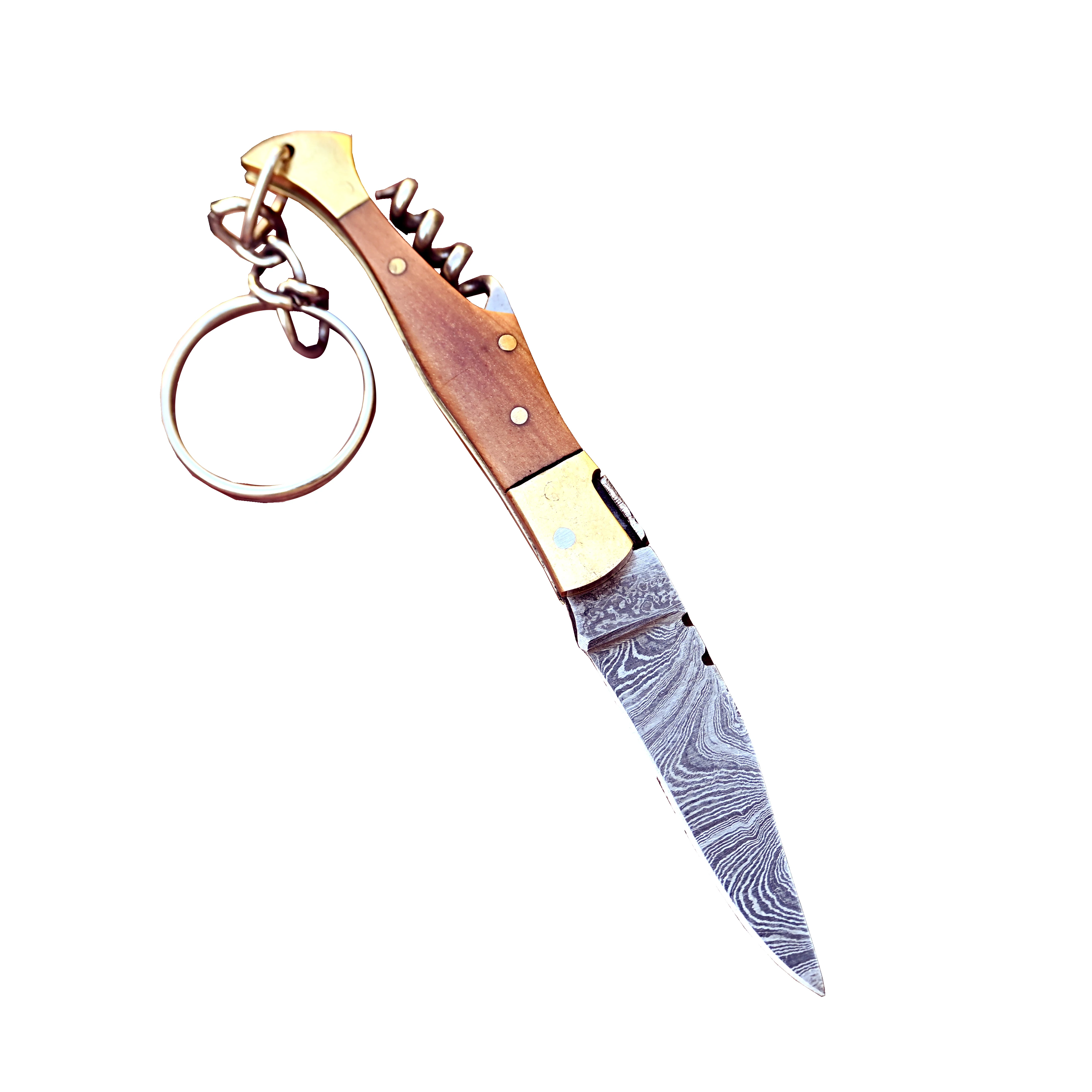 Custom Handmade Damascus Steel Keychain Pocket Knife With Wood Handle Top Quality