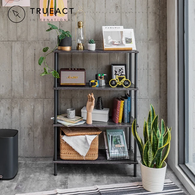 4 tier Wood grain Metal shelf | matte dark gary color | Taiwan | kitchen | four layer | serving | storage organizer | trolley