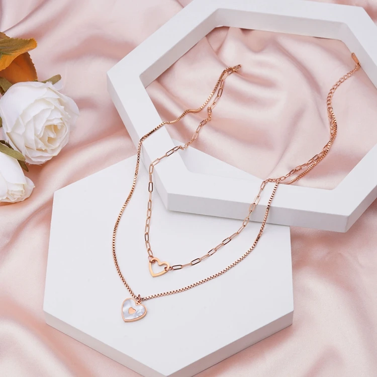 18K Rose Gold Plated Double Layer Heart Necklace Stainless Steel Hollow Heart Pendant Necklace Pearl Heart Necklace For Women