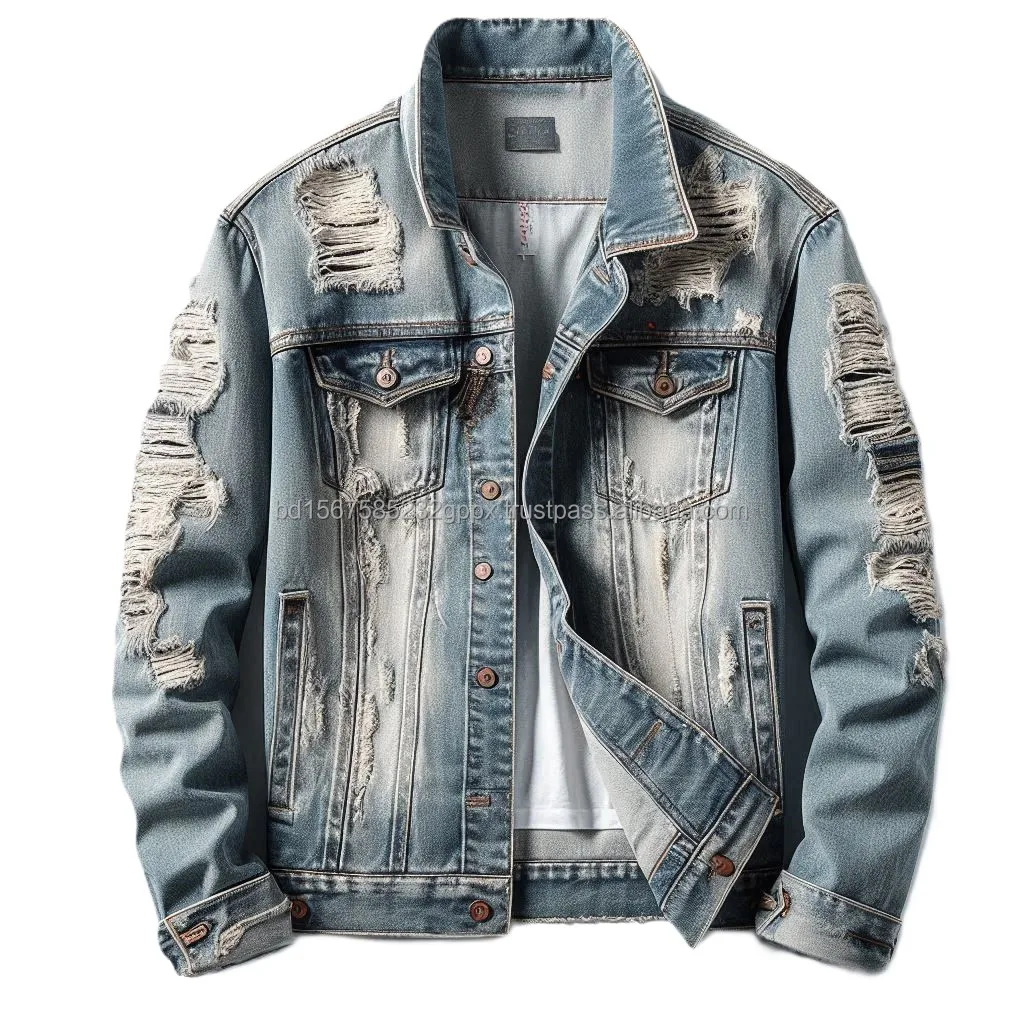 Custom Designed Distressed Denim Jacket with High Denier Fabric Washed Ripped Patterns Trending Styles Winter Pockets Collar