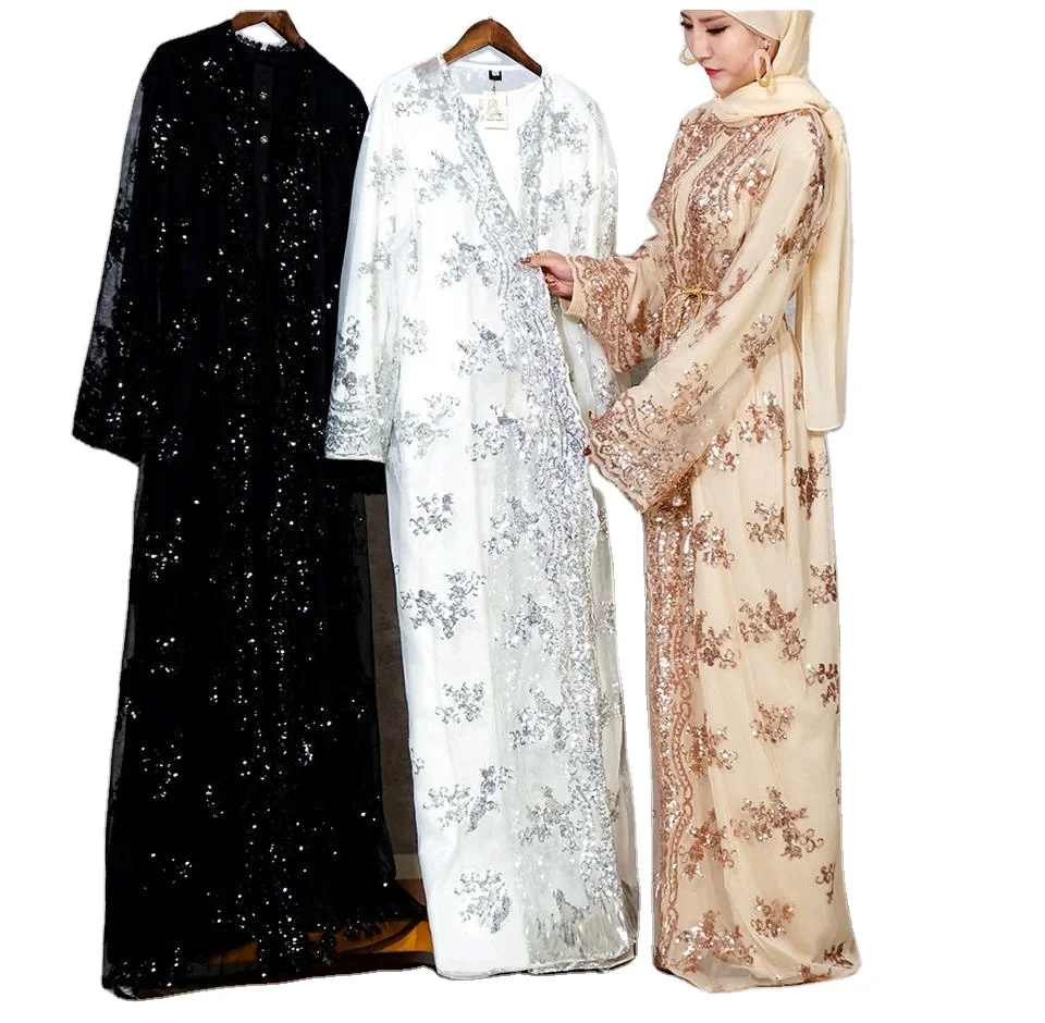 2022 Modest Fashion Women Islamic Clothing Robe Dress Long Elegant Open Front Kimono Muslim Dress Pearls Cardigans A