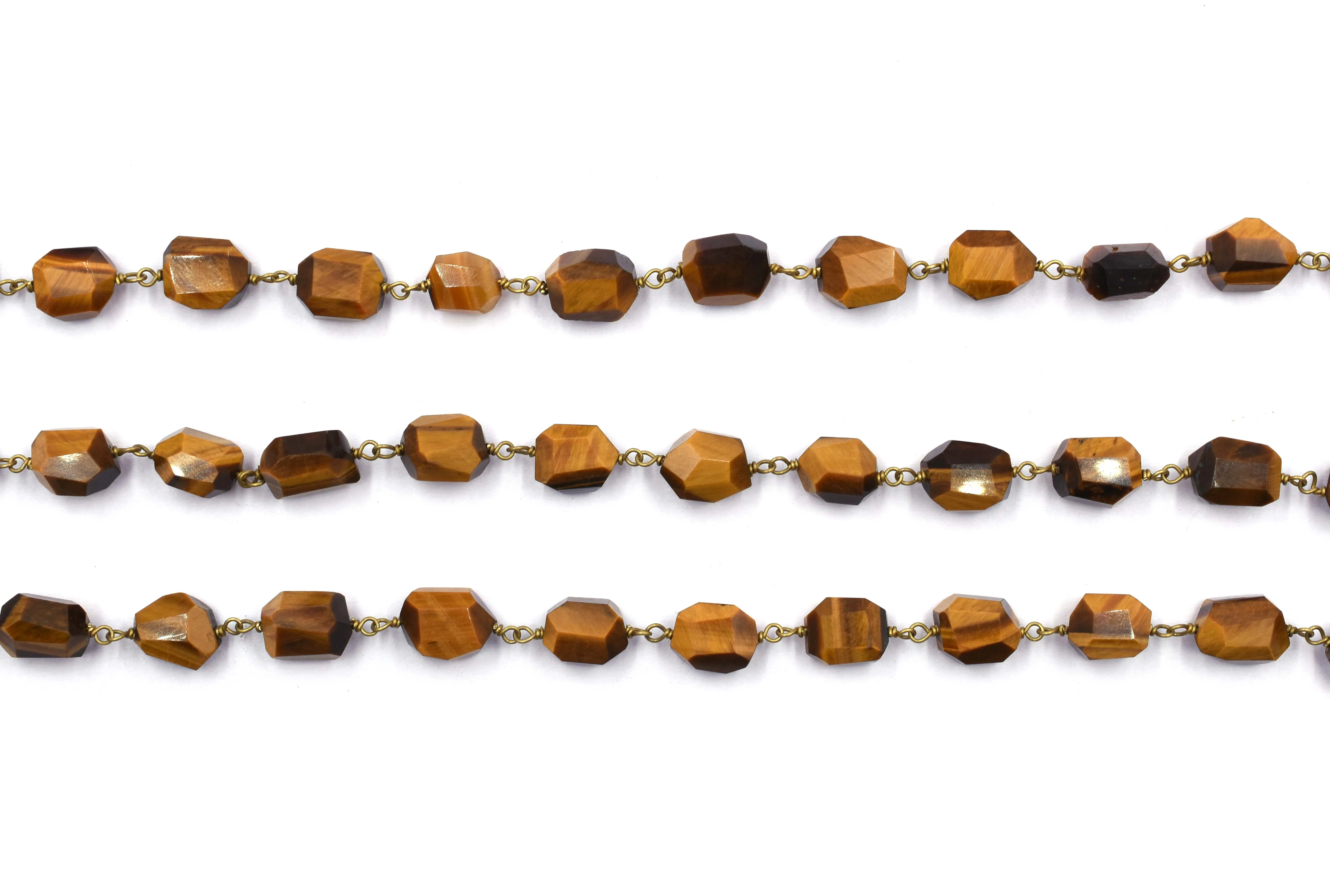 Tiger Eye Nuggets Shape Brass Gold Plated Rosary Wire Wrapped Chain Sold by Foot