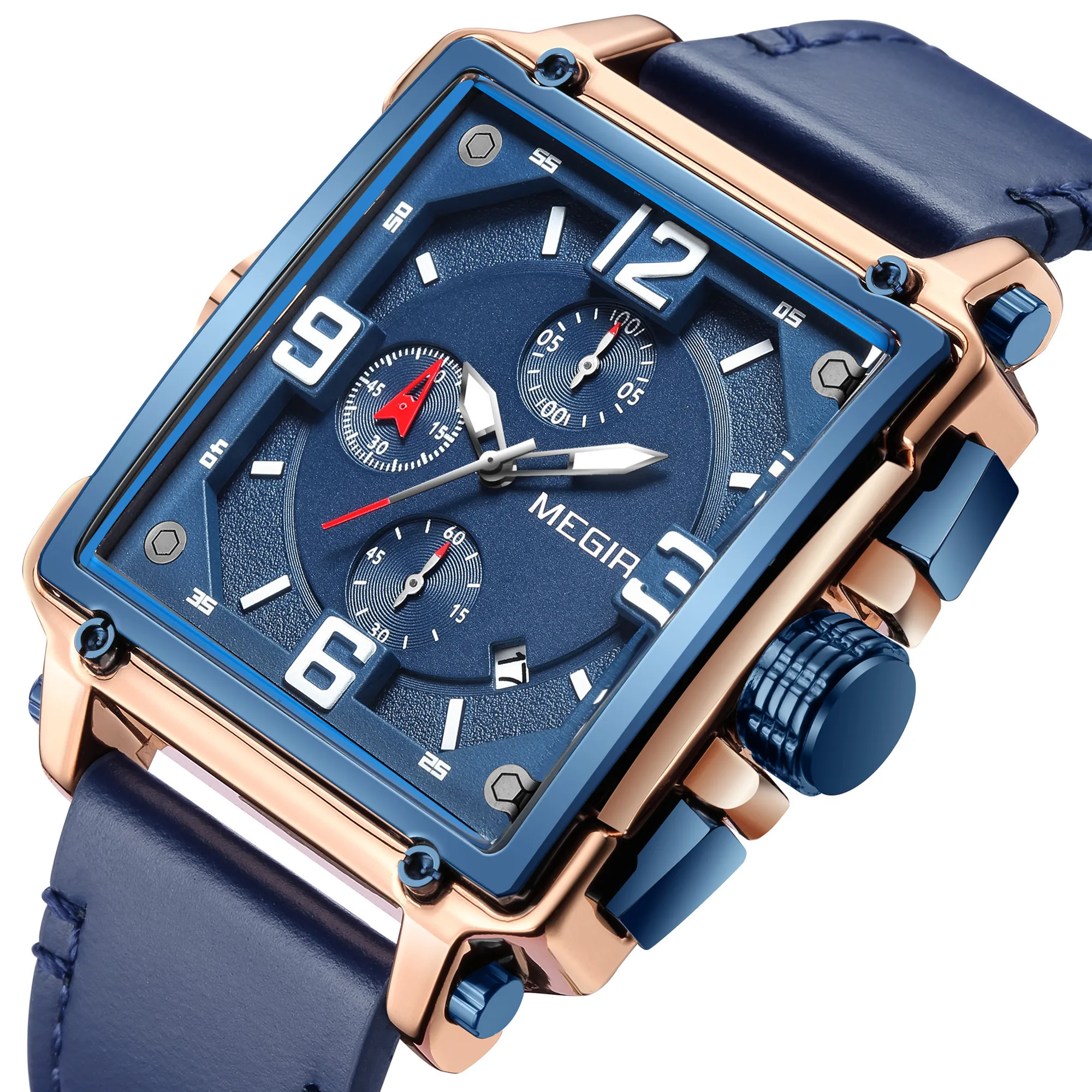 MEGIR Montre Homme 2061 Luxury Leather Quartz Wristwatches Waterproof Luminous Big Dial Sport Chronograph Clock Date