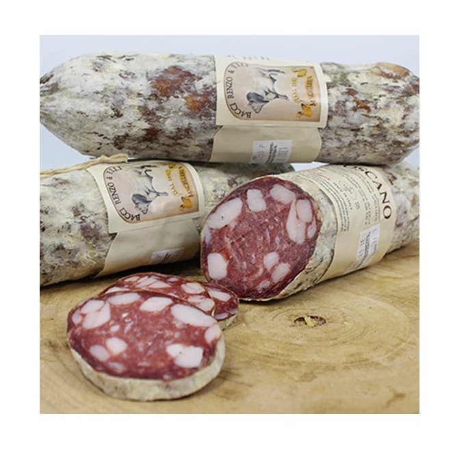 Salame typican tuscany cured PGI pork meat salami tasty with garlic and black pepper