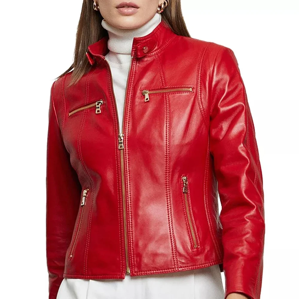 High Quality Red Women Leather Jacket, Plus Size Women Jacket Custom Genuine Soft Sheepskin Leather Jackets For Women
