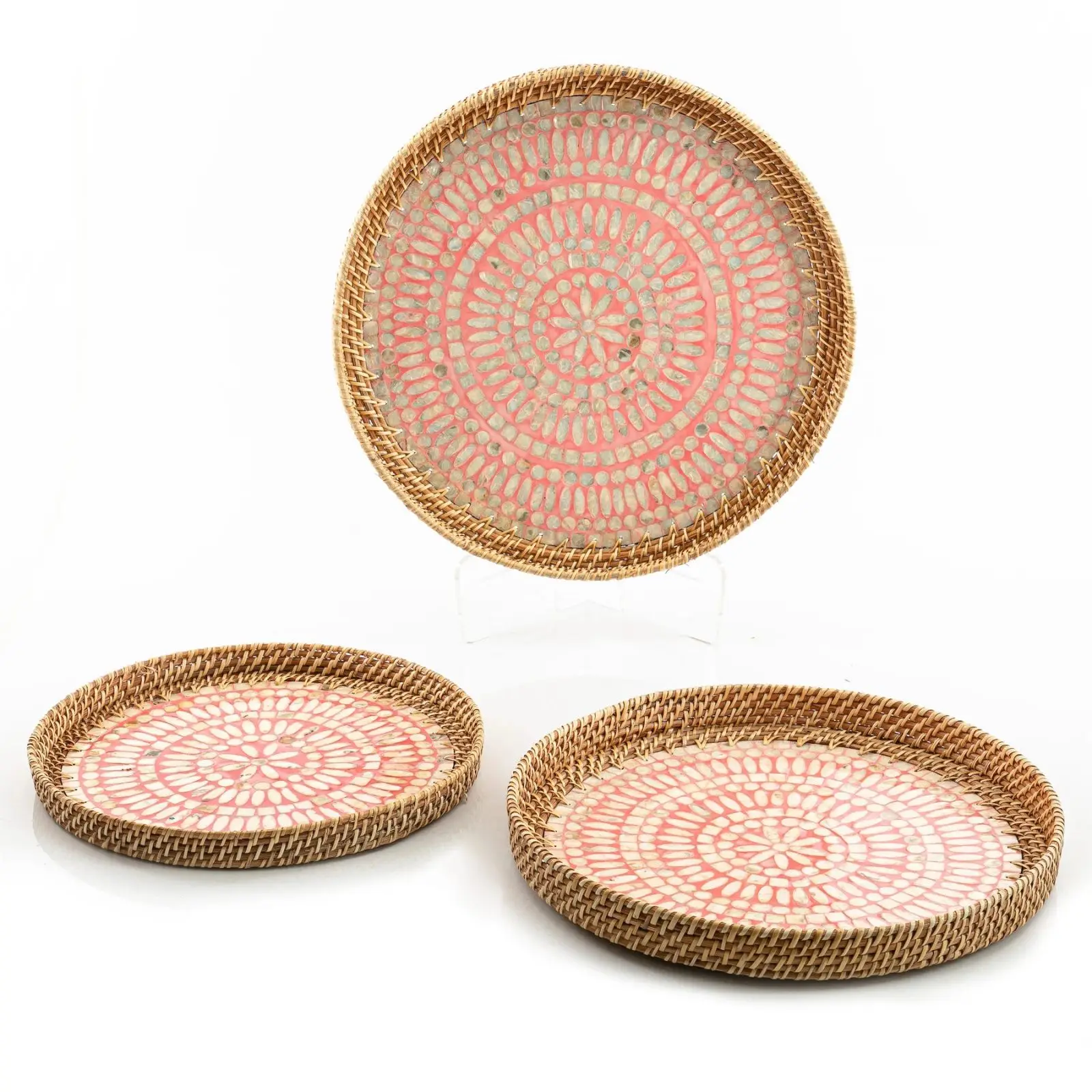 Handwoven Round Organizer Rattan Food Storage Tray customized with Mosaic Good Price Natural from india
