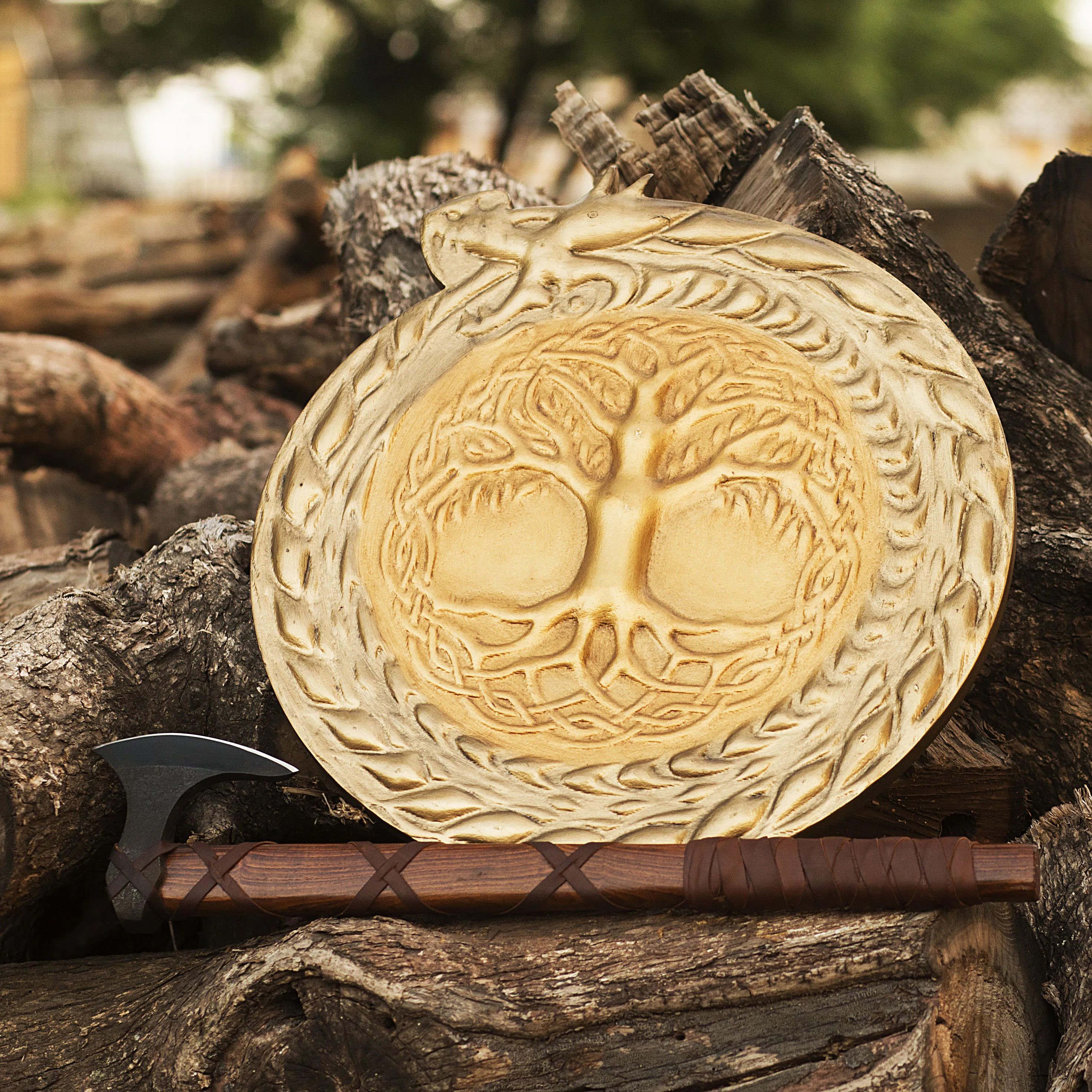 X-MAS GIFT WOOD MEDIEVAL VIKING SHIELD HANDCRAFTED -  VIKING SHIELD WITH RAGNAR AXE, CHRISTMAS GIFT