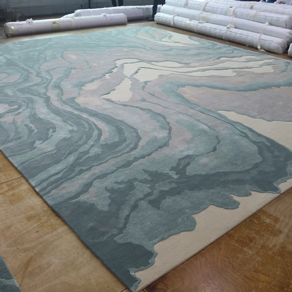 Wave Blue Wool Rug Green Bamboo Silk Watercolor Home Rug Luxury