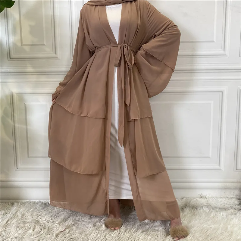 Middle East Female Islamic Ethnic Clothing Dubai Muslim 3 Layer Chiffon Cardigan Long Abaya Dress for Women