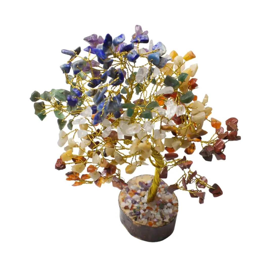 Seven Chakra Tree Gemstones Wealth Good Luck Feng-Shui Reiki Healing Bonsai with Golden Wire Home Decor
