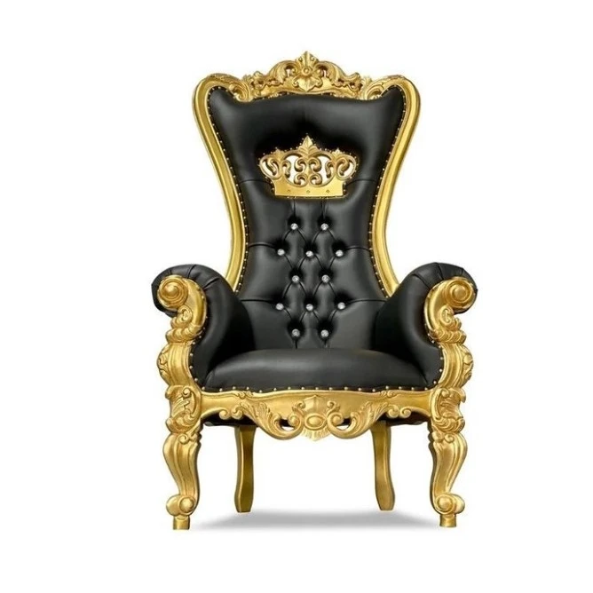 Antique Throne Chair Medium Size with Crown Gold and Black Velvet Fabric - solid wood mahogany furniture indonesia
