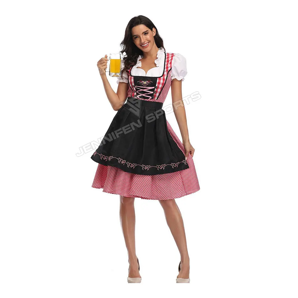 Womens Traditional German Bavarian Beer Girl Costume Oktoberfest Festival Dirndl Dress Checkered Cotton/Silk Fabric Party Dress