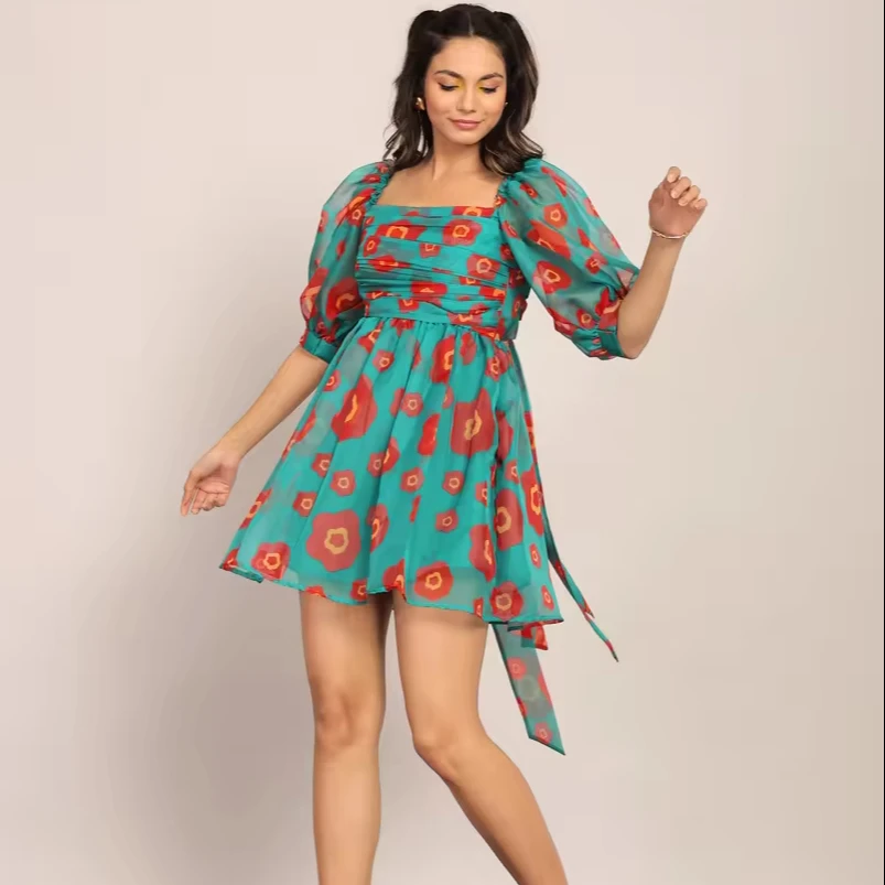Sea Green and Red Floral Summer Mini Dress In Organza Western Look Girl Dress Amazing Quality One Piece New Fashion Dress
